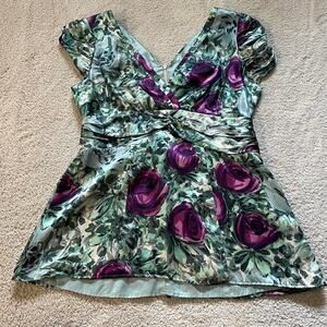 Vintage 100 silk purple and green floral v-neck puff sleeve babydoll blouse